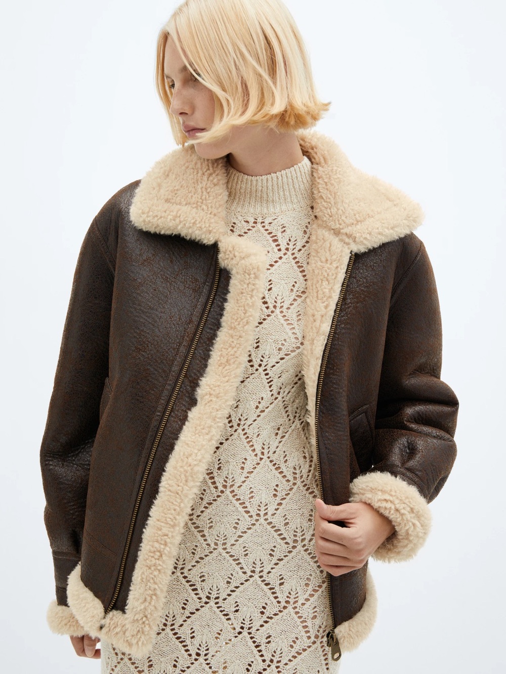 Mango Dark Brown Leather Aviator Jacket with Cream Shearling